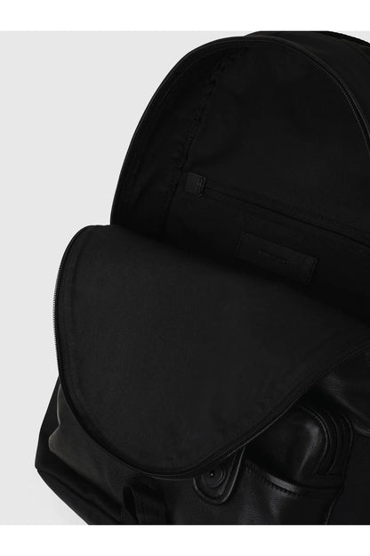 Black backpack back panel with zip pocket and curved flap