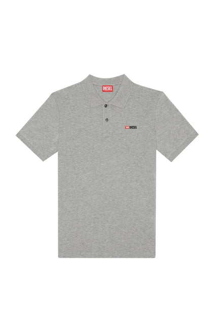 Light grey polo shirt with short sleeves, three-button placket, and small chest logos