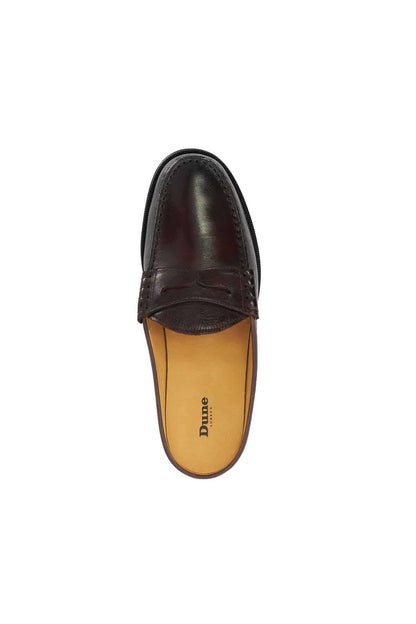 Brown leather slip-on loafer with cushioned collar and yellow lining
