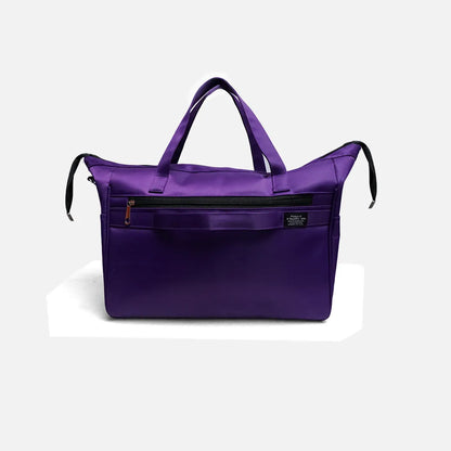 Purple tote bag front view with teddy patch and top carry handles
