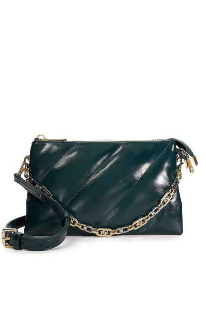 Dune London green leather crossbody bag, chain strap, zip top and buckle shoulder strap