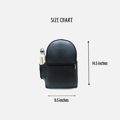Black backpack dimensions: 9.5 in wide, 14.5 in tall