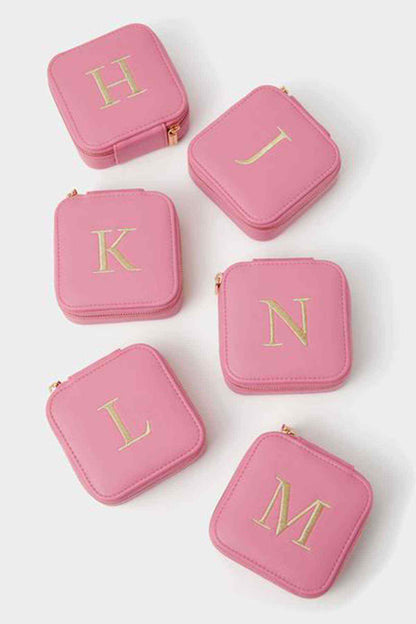 Pink square mini jewelry pouch set with gold monogram letters