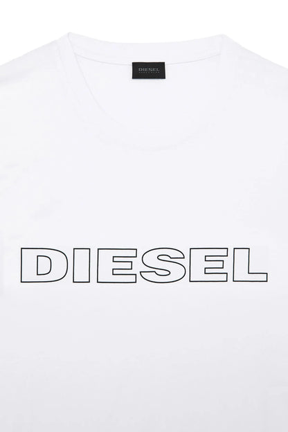 White crew-neck T-shirt with large outlined DIESEL graphic