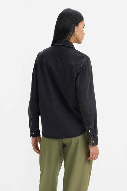 Black denim button-up shirt, back view with yoke and full-length sleeves