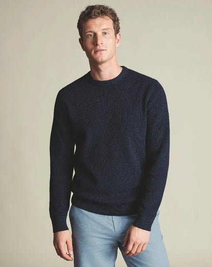 Navy crewneck knit sweater with ribbed cuffs and hem