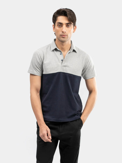 Men's heather gray and navy colorblock polo, short sleeves, button placket