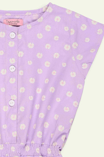 Purple romper with daisy print, front button placket and gathered elastic hem