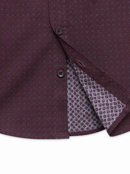 Maroon patterned cotton shirt with contrast inner yoke and button cuffs
