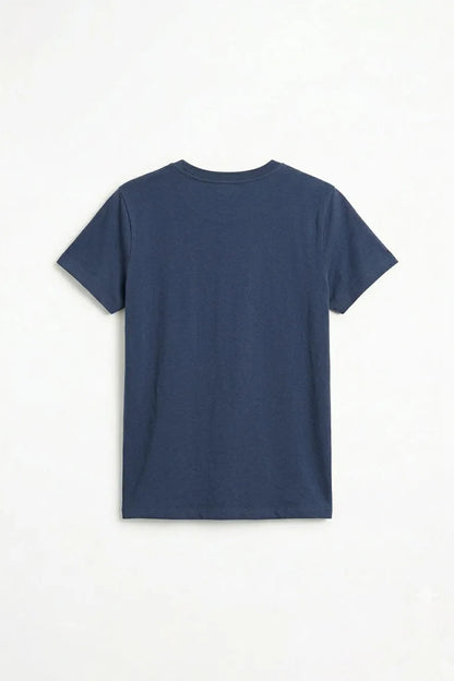 Navy short-sleeve crewneck T-shirt, back view