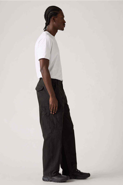 Levi's black cargo pants, side view, relaxed fit