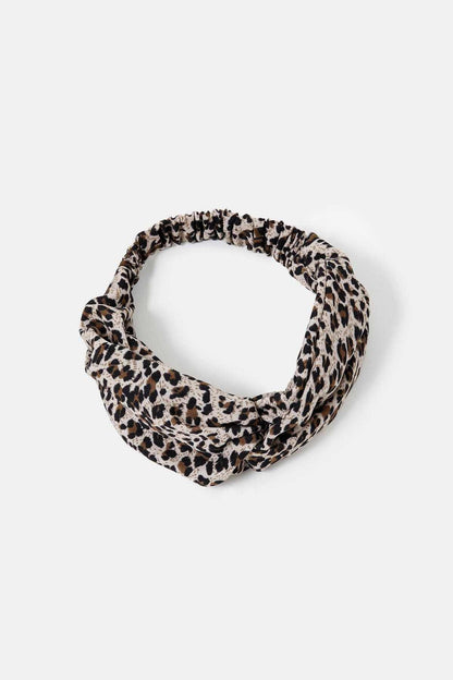 Brown leopard-print fabric headband loop, laid flat