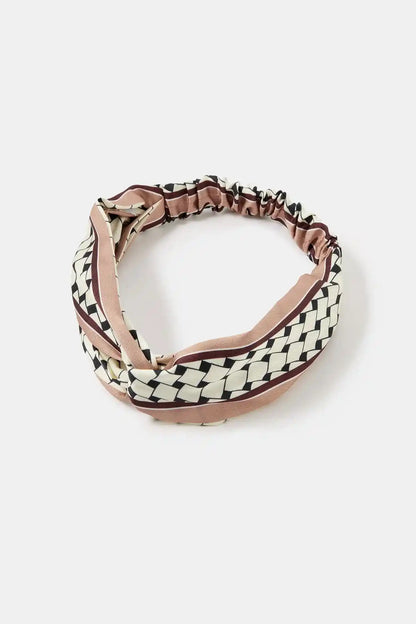 Woven check-pattern headband in black, cream, and brown
