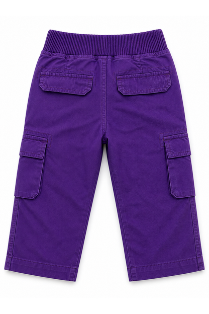Purple cargo pants with elastic waistband and four cargo pockets with button tabs
