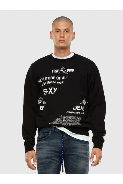 Black Diesel crewneck sweatshirt with large front graphic text and icons