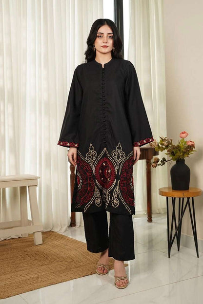 Women’s black embroidered tunic with red and gold border, long sleeves and matching pants