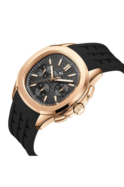 BHPC gold-tone wristwatch with black dial, subdials, and black rubber strap