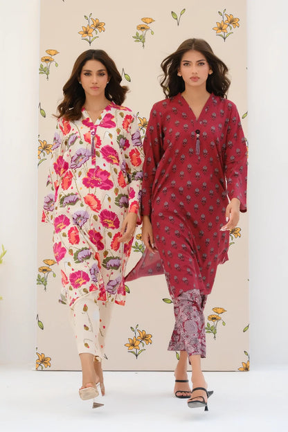 Floral kurta set pair: red and white long tunics with matching printed pants