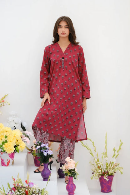 Red floral kurta set with long tunic and matching printed pants, front view