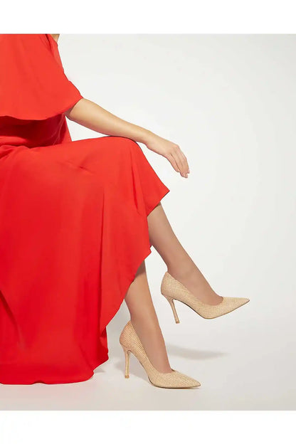 Pair of natural woven pointed-toe stiletto heels