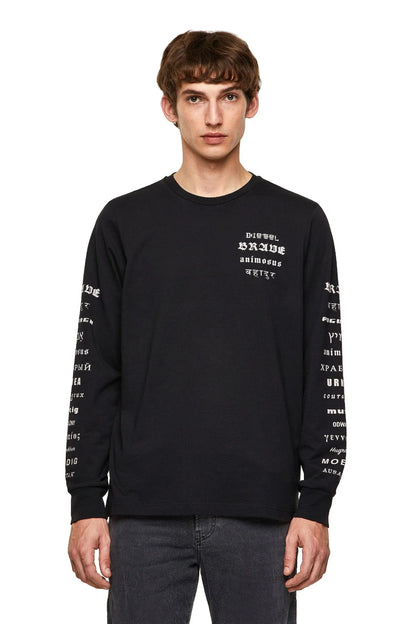 Black long-sleeve graphic T-shirt with crew neck and sleeve text