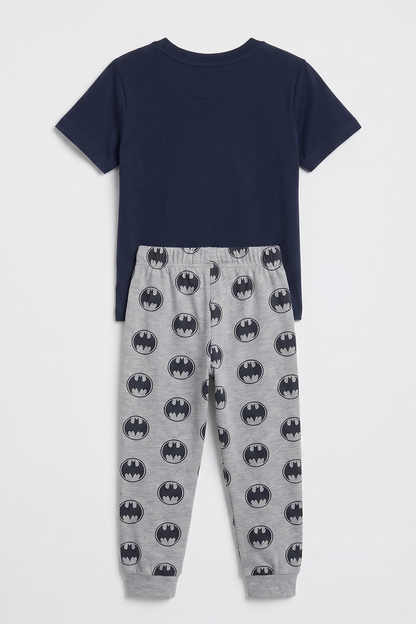 Navy kids T-shirt and gray jogger pants set with Batman logo print