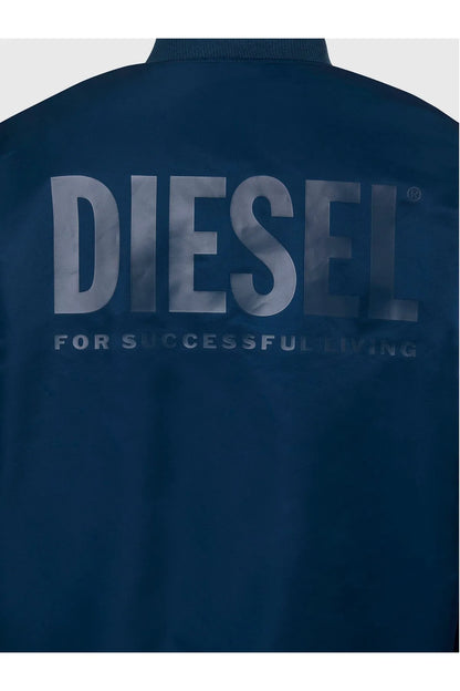 Navy bomber jacket back graphic logo and slogan across upper back