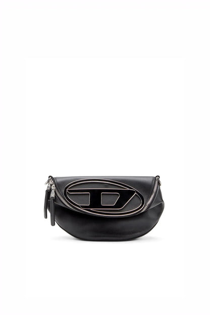 Diesel black belt bag with embossed logo patch and zip top