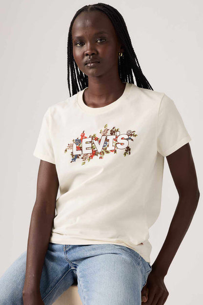 White Levi's crewneck T-shirt with centered colorful 'Levi's' logo print