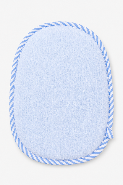 Plain blue baby hooded bath towel back with striped border and braided trim