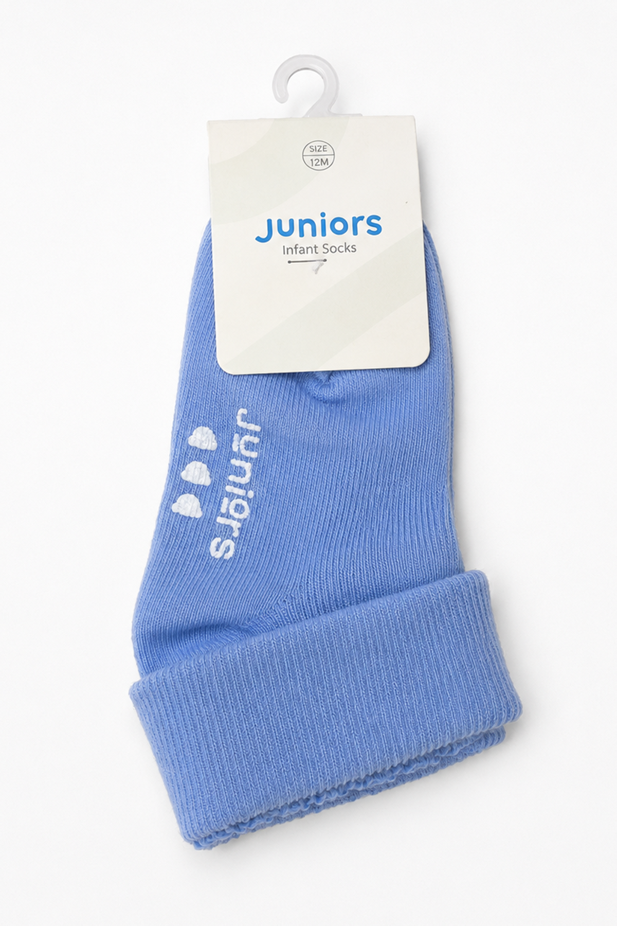 Blue juniors infant socks on hanger, ribbed knit cuff and foot