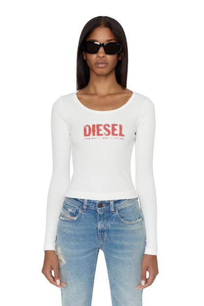 Diesel off-white long-sleeve T-shirt with red DIESEL logo on chest
