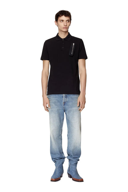 Black polo shirt front view with button placket and zip pocket