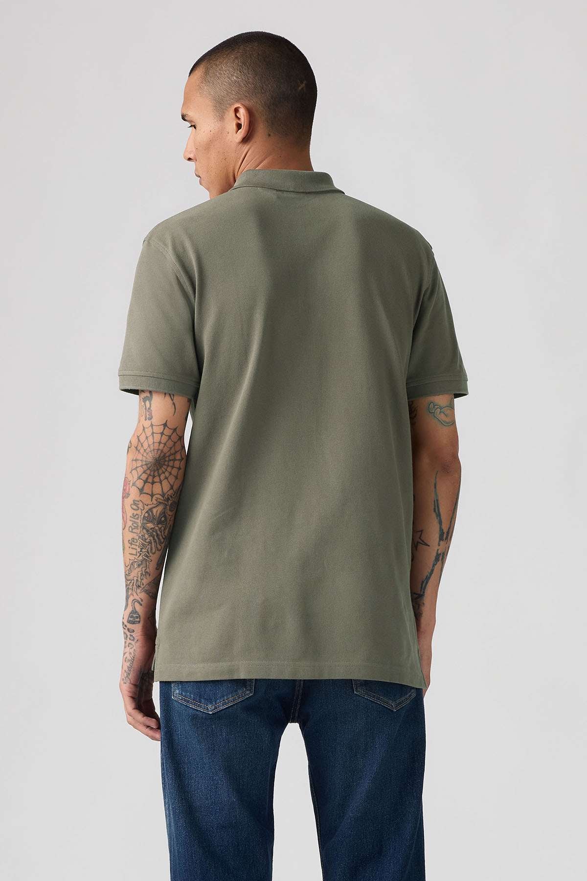 Levi's olive-green polo shirt, back view with short sleeves and button placket