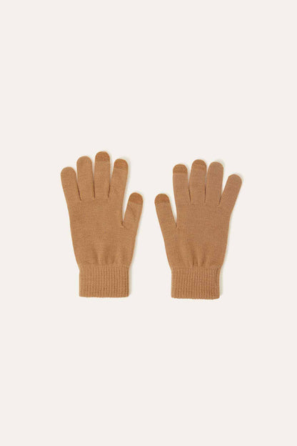 ACCESSORIZE camel knit gloves, pair with full hand coverage and ribbed cuffs