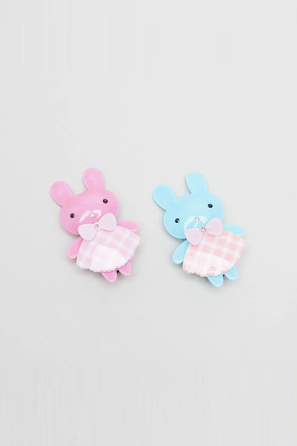 Bunny plush hair clips, pink and light blue with plaid belly and small bow