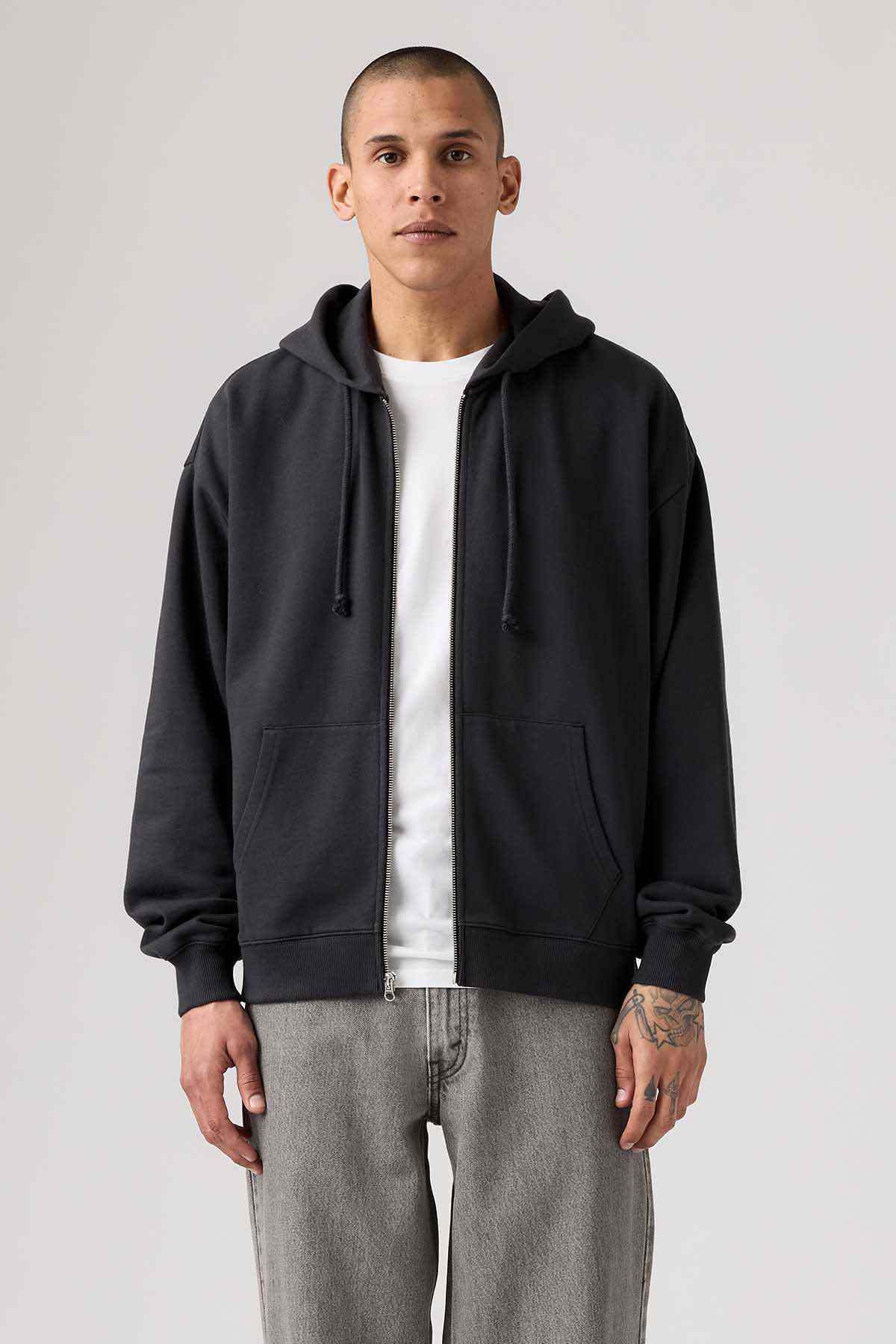 Levi's dark gray pullover hoodie with hood, drawstrings, and kangaroo pocket
