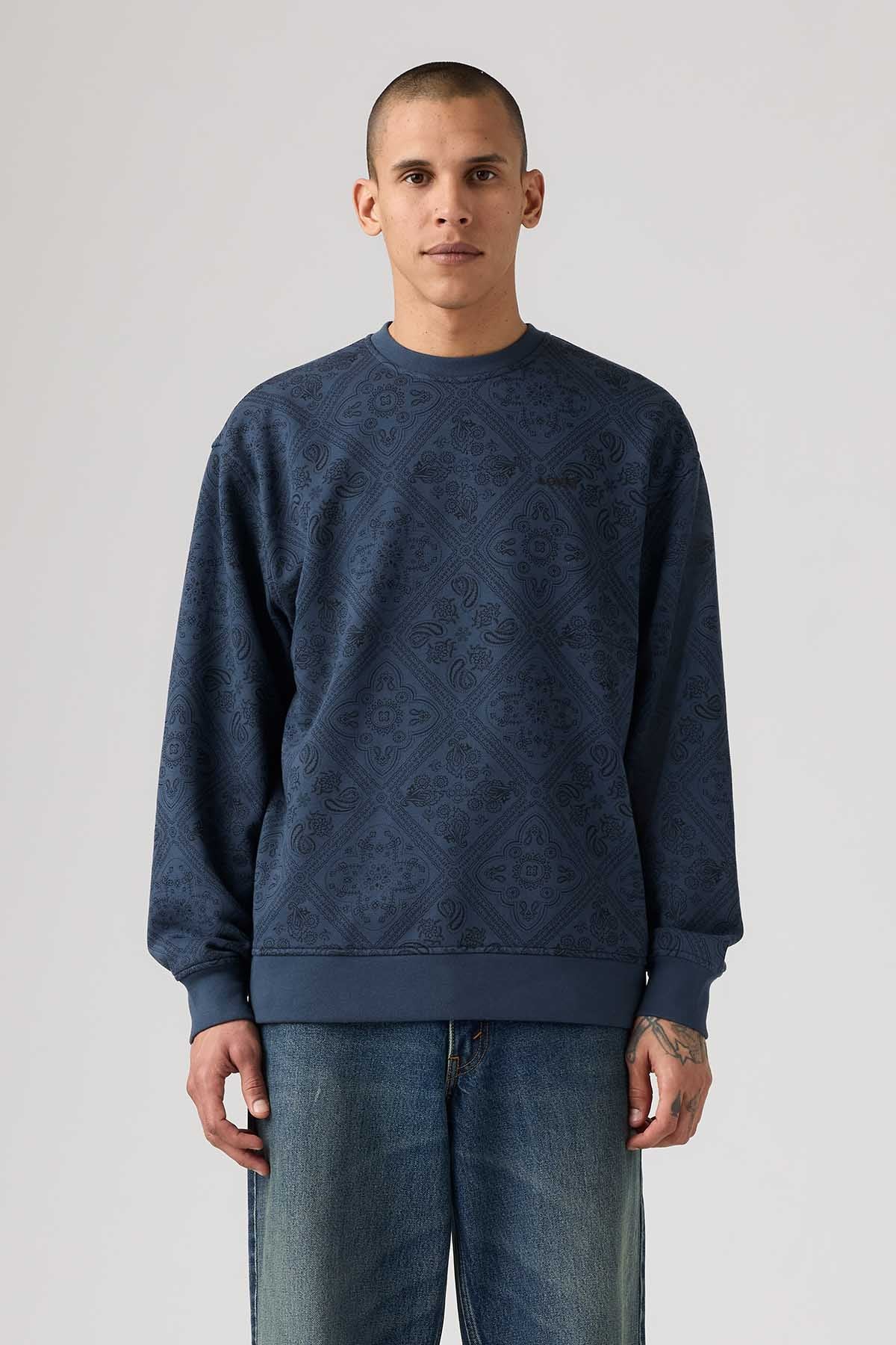 Levi's crewneck sweatshirt, dark blue with subtle pattern; ribbed cuffs and hem.