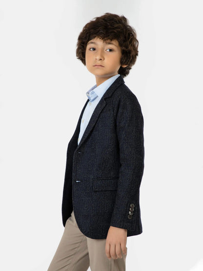 Blue boys blazer with notch lapel, flap pocket, and double-button cuff detail