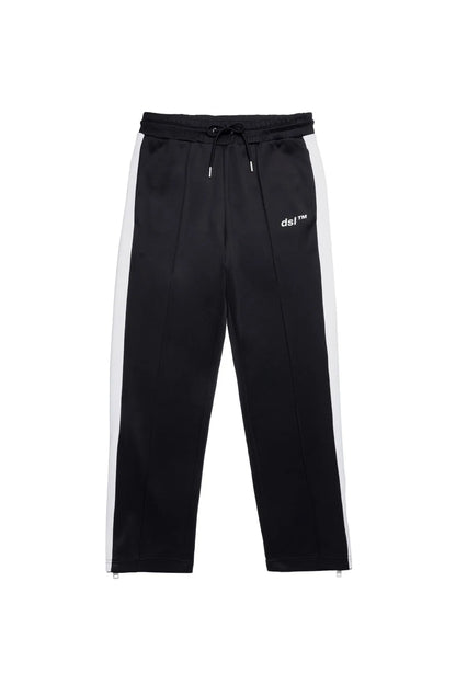 Black jogger pants with elastic waist, drawstring, and white side stripe