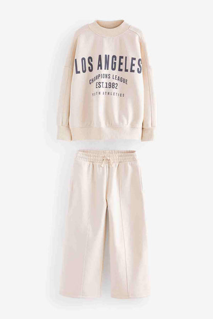 Ecru kids sweatshirt and jogger pants set, Los Angeles front print, elastic waist