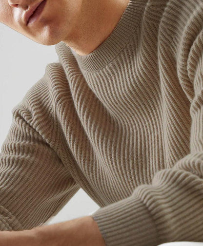 Fitted crewneck knit sweater close-up, heather gray vertical rib stripes, long sleeves