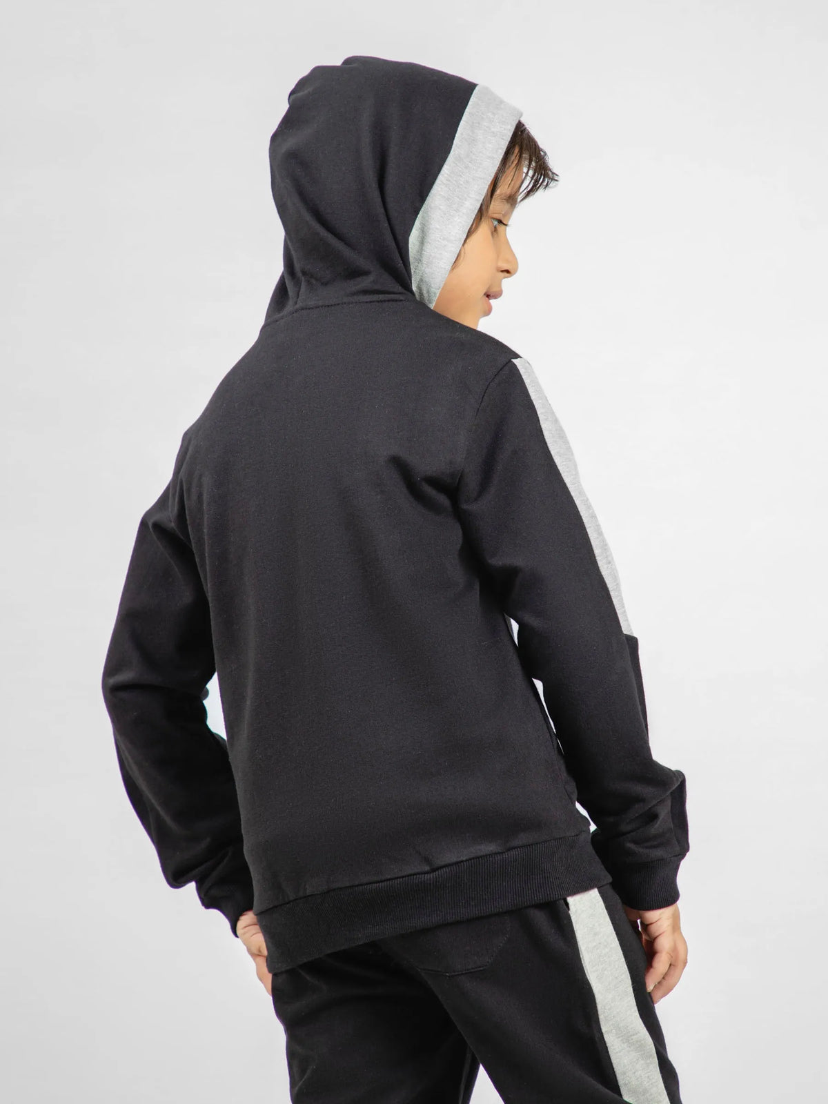 Black 100% cotton kids hoodie with hood and light inner lining, back view