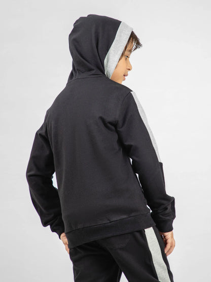 Black 100% cotton kids hoodie with hood and light inner lining, back view
