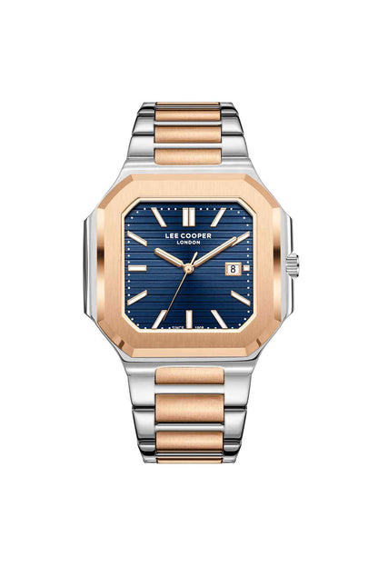 Lee Cooper analog watch with navy dial, silver bracelet and rose gold accents