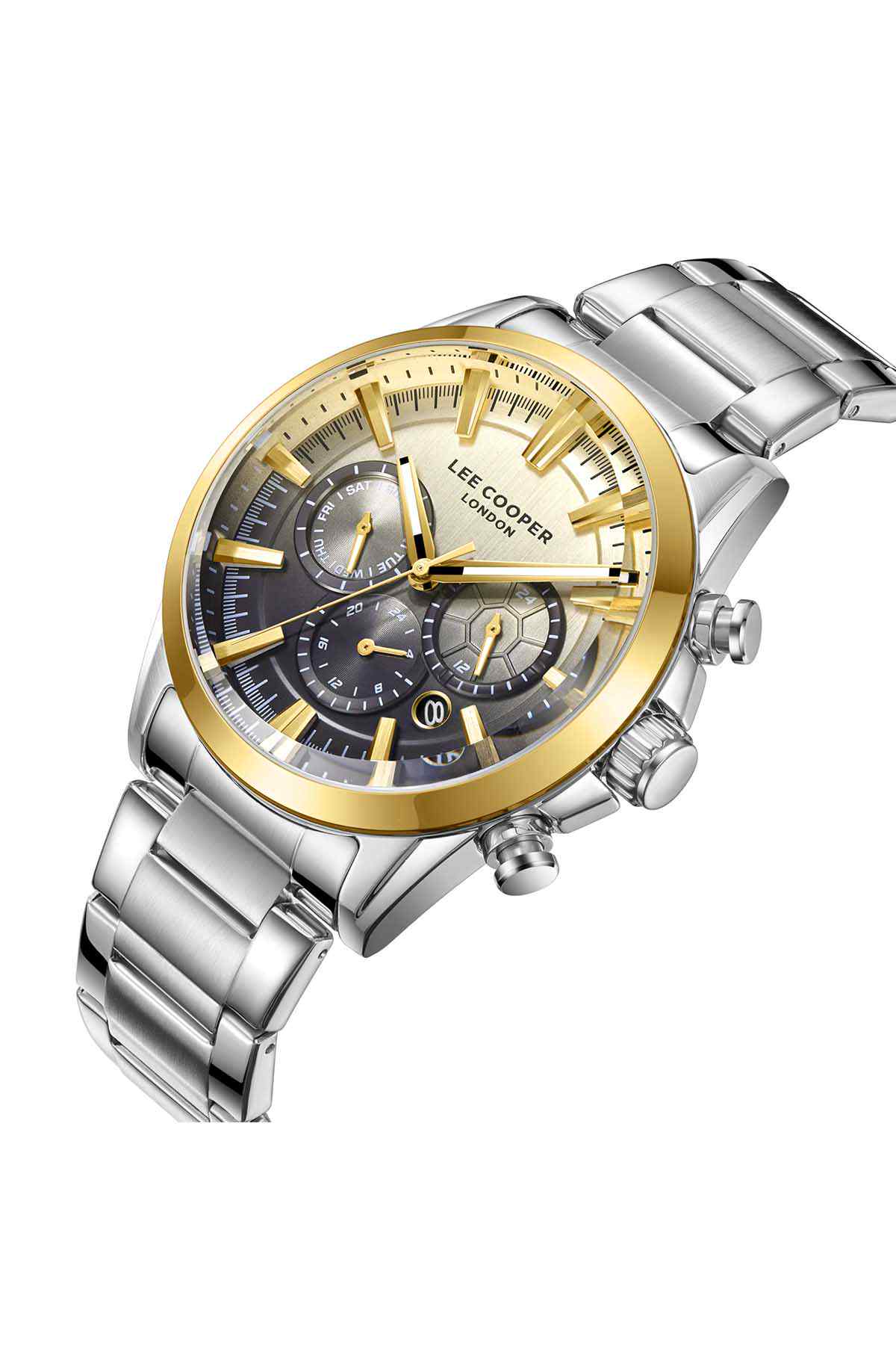 Lee Cooper silver wristwatch with gold face, dark subdials, and pushers