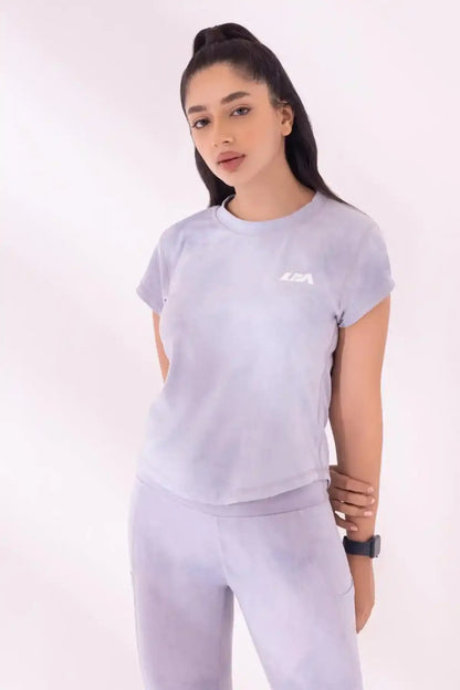 Lavender short-sleeve athletic T-shirt and leggings set
