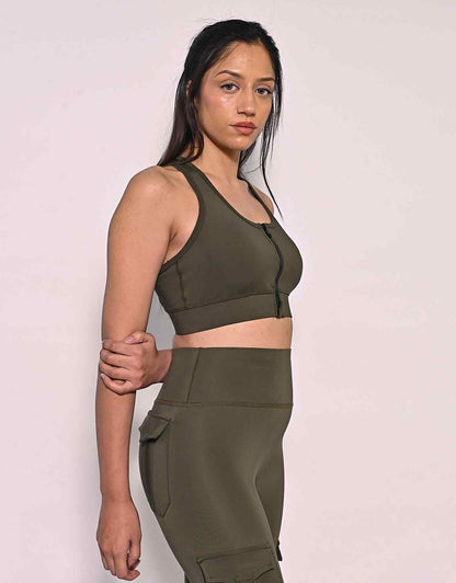 Bodybrics olive sports bra and leggings set, front view with zip placket