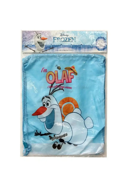 Light blue Disney Olaf drawstring bag in clear box, front character print