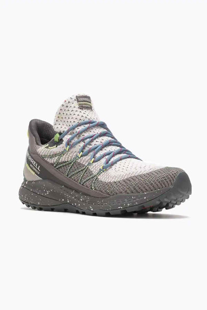 Merrell trail shoe, speckled gray upper, black side panel, blue lace-up